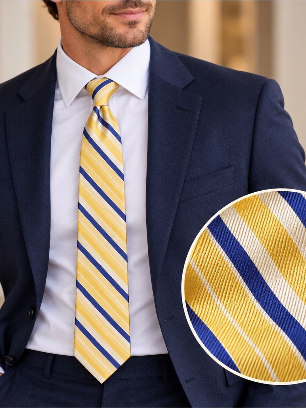 NWT Roundtree & Yorke 100% Silk Yellow & Blue Diagnal Striped Tie #1014